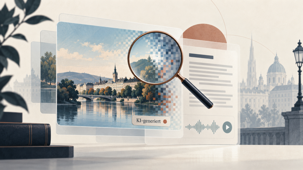 KI-Kennzeichnungspflicht in Österreich: Illustration mit Lupe über einem pixelartigen Stadtbild, dem Hinweis „KI-generiert“ sowie Text- und Audiosymbolen.
