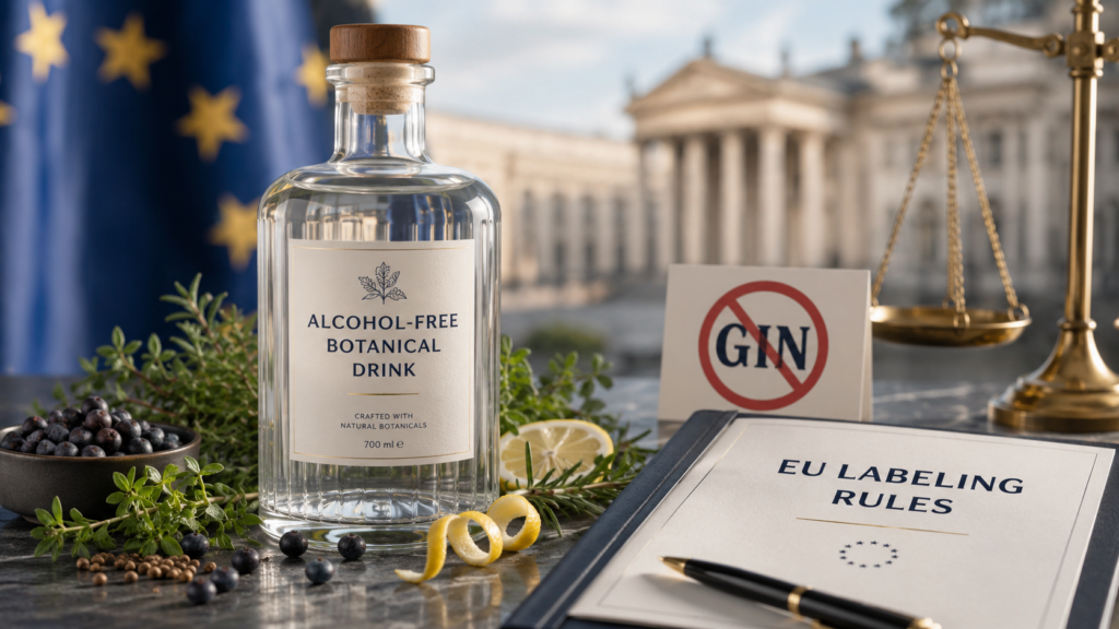 Alkoholmentes gin témájú illusztráció EU címkézési szabályokkal, borókabogyókkal, gyógynövényekkel és jogi dokumentumokkal.