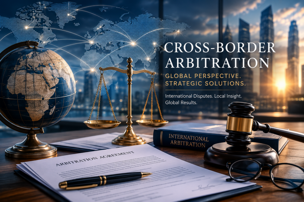 Cross-border arbitration concept with globe, scales of justice, gavel and arbitration agreement in a modern office.