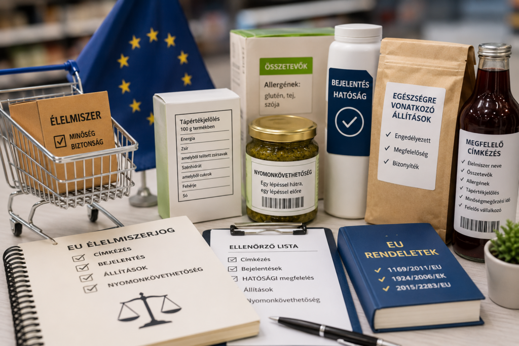 Élelmiszer forgalomba hozatal az EU-ban címkézési, bejelentési és nyomonkövethetőségi szabályokkal, élelmiszercsomagolásokkal és EU-s dokumentumokkal.
