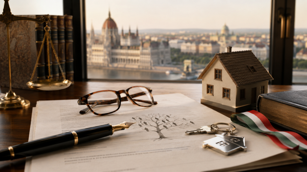Schreibtisch mit Erbrechtsdokument, Modellhaus, Schlüsseln, Waage der Justiz und Budapest im Hintergrund als Symbol für die gesetzliche Erbfolge in Ungarn.