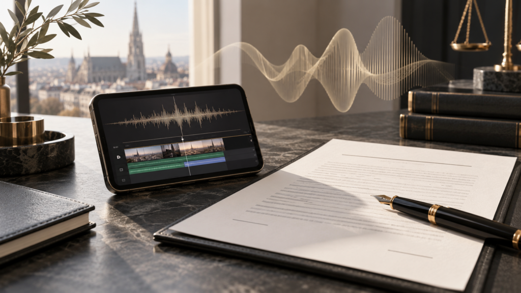SoundGuardian Klage: Tablet mit Audio-Wellenform neben einem Dokument und Füllfederhalter auf einem Schreibtisch