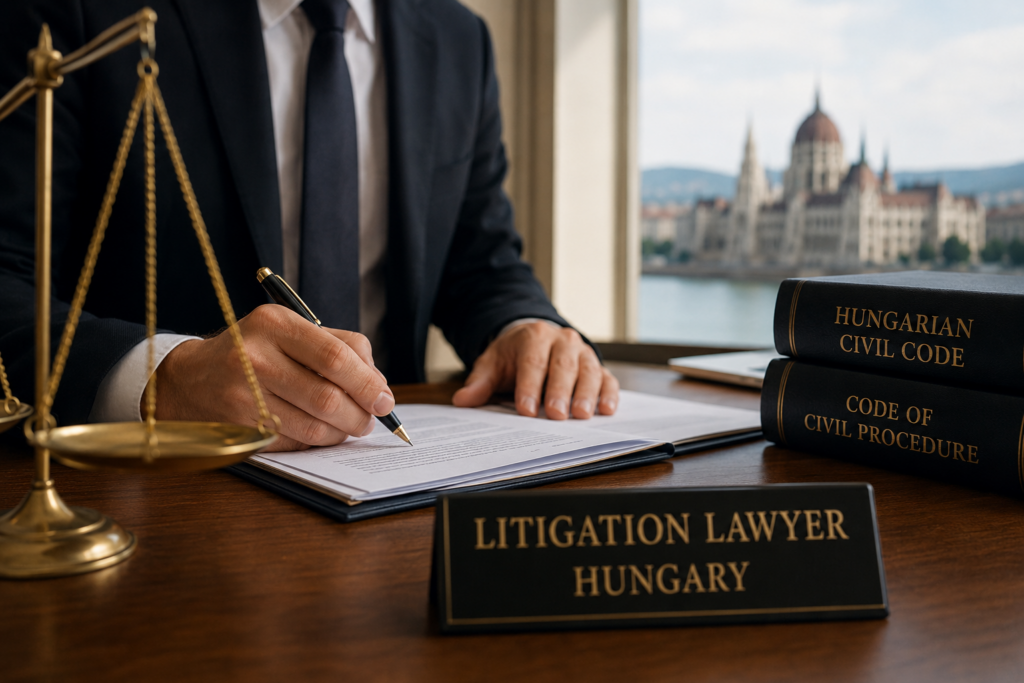 Litigation lawyer in Hungary reviewing legal documents in a professional office with the Hungarian Parliament in the background