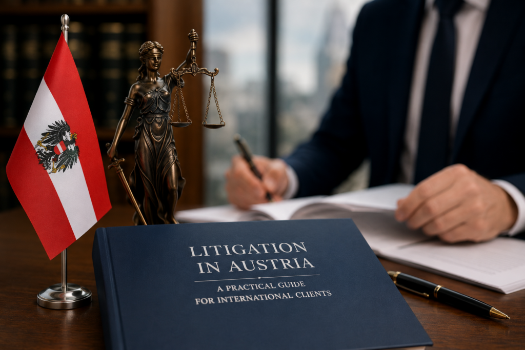 Litigation in Austria – Austrian flag, Lady Justice statue and legal guidebook on a lawyer’s desk