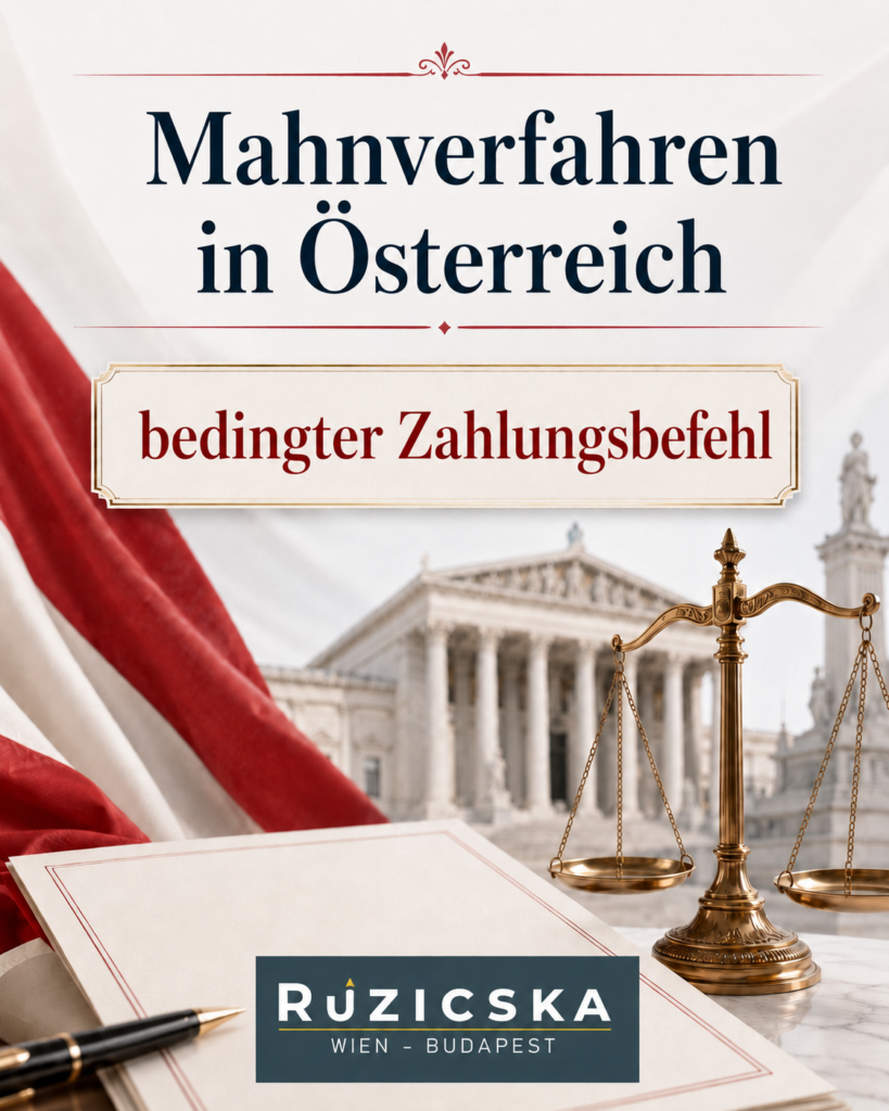 Mahnverfahren in Österreich – juristische Illustration mit österreichischer Flagge, Justizwaage, Gerichtsgebäude und dem Hinweis „bedingter Zahlungsbefehl“ im Branding von RUZICSKA LEGAL.