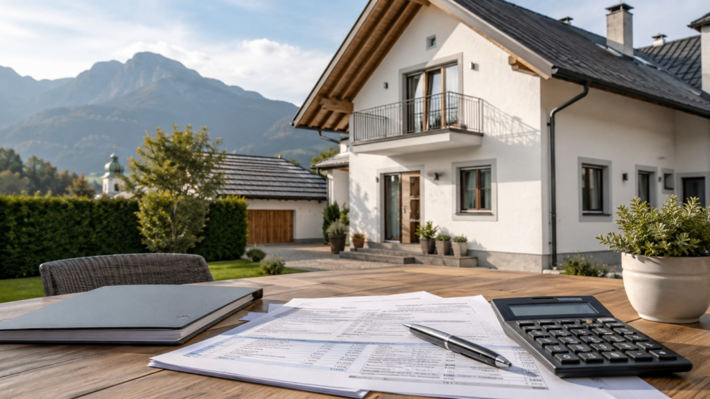 Calculator and property tax documents on a table in front of a residential house in Austria, illustrating annual property tax obligations for real estate owners.