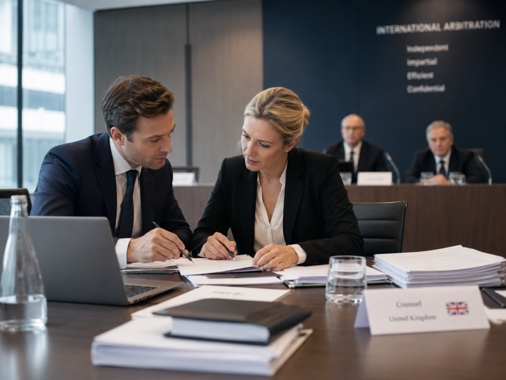 Solicitor und deutscher Anwalt in einer Verhandlung zur Schiedsgerichtsbarkeit bei einem internationalen Schiedsverfahren