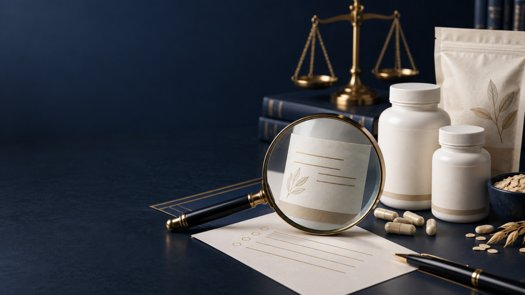 Werbung für Nahrungsergänzungsmittel: Nahrungsergänzungsmittel, Lupe und Justizwaage vor einem dunkelblauen und goldenen Hintergrund.